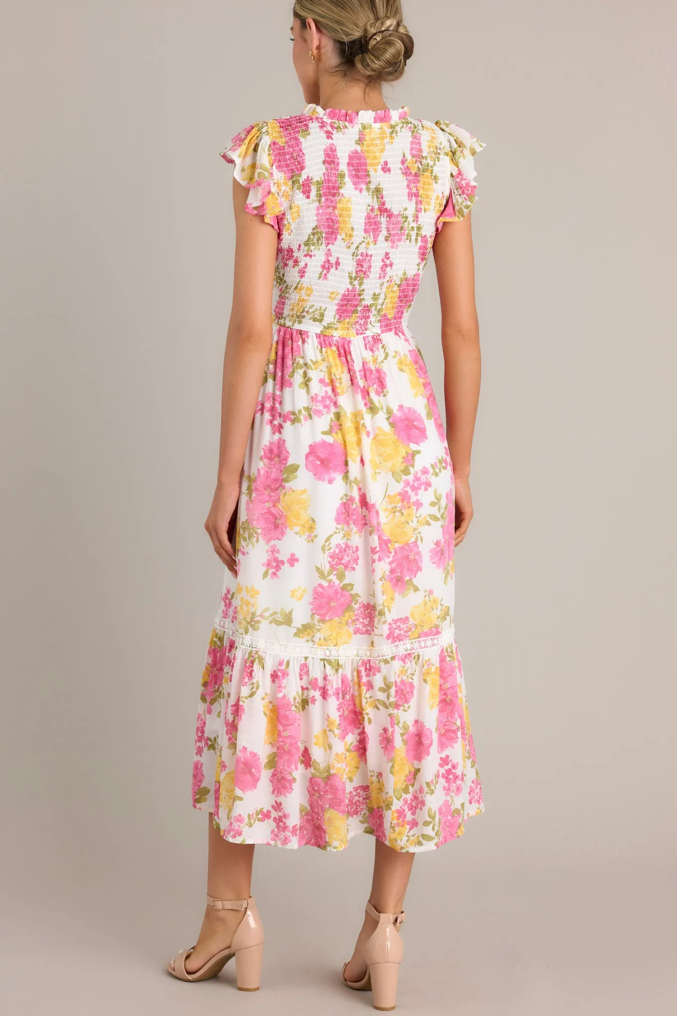 Bloom Burst White Multi Floral Midi Dress