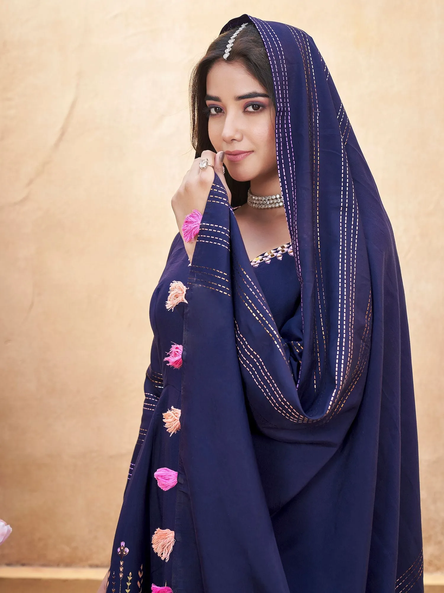 Blue Silk Readymade Salwar Suit With Foil Print, Mirror And Thread Work Anarkali Salwar Suit