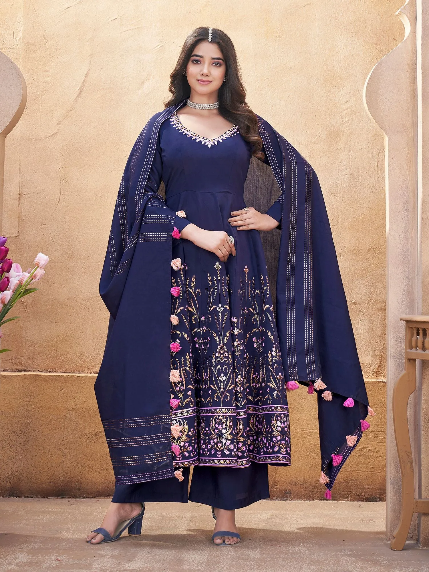 Blue Silk Readymade Salwar Suit With Foil Print, Mirror And Thread Work Anarkali Salwar Suit