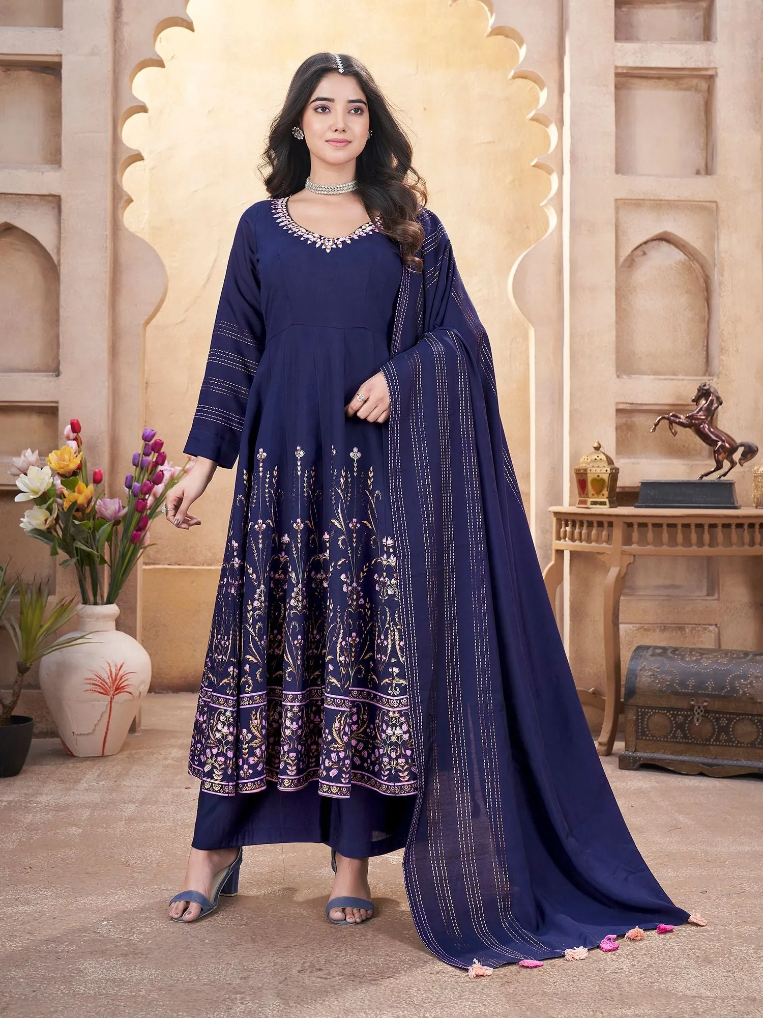 Blue Silk Readymade Salwar Suit With Foil Print, Mirror And Thread Work Anarkali Salwar Suit