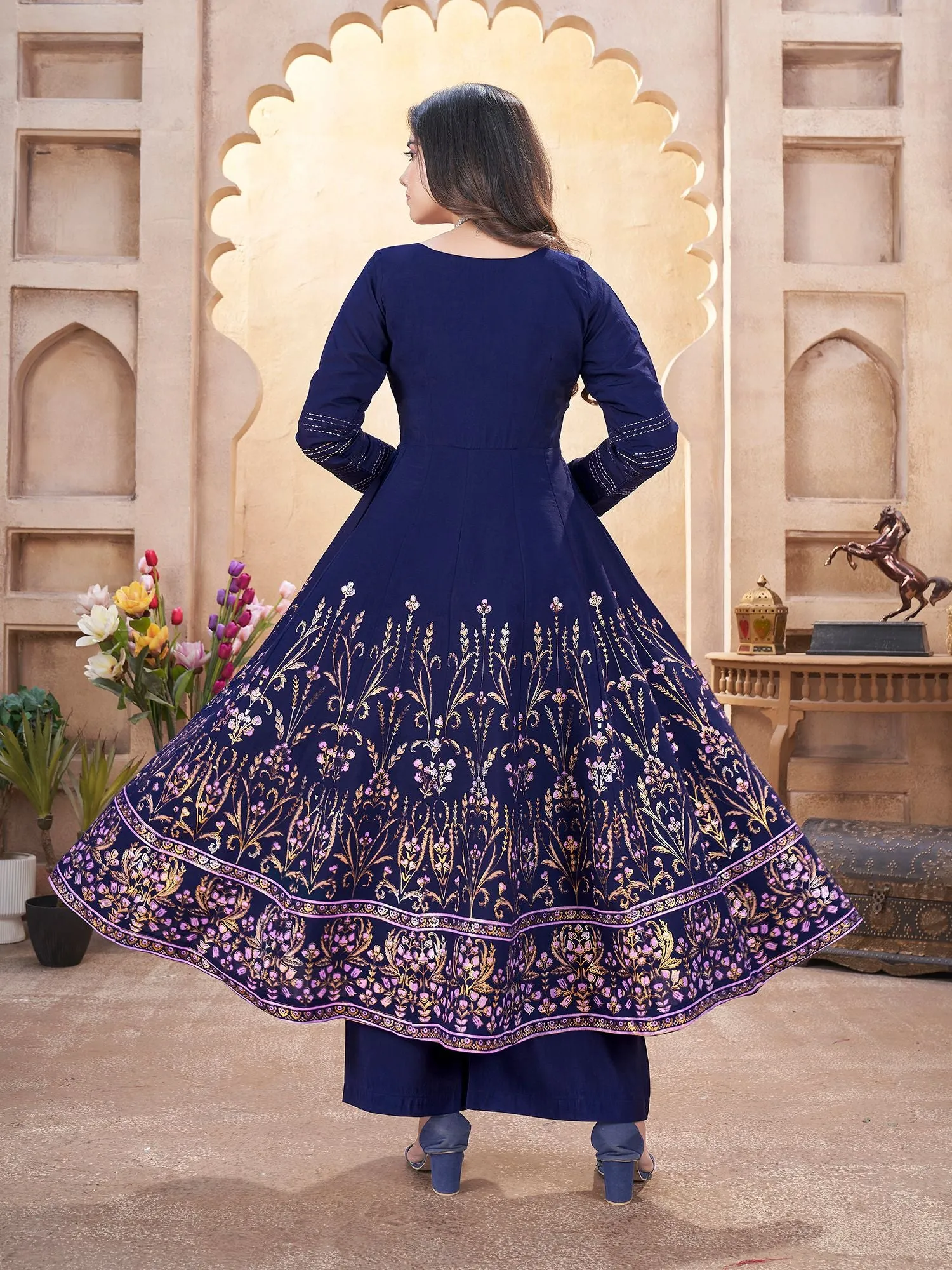 Blue Silk Readymade Salwar Suit With Foil Print, Mirror And Thread Work Anarkali Salwar Suit