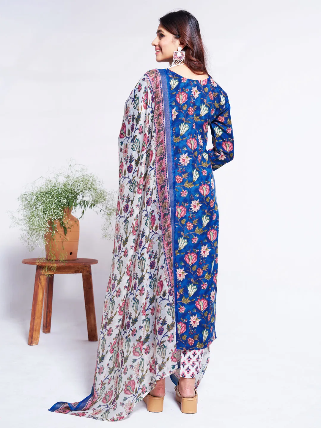 Blue Soft Cotton Blend Print Party Wear Readymade Kurti Set