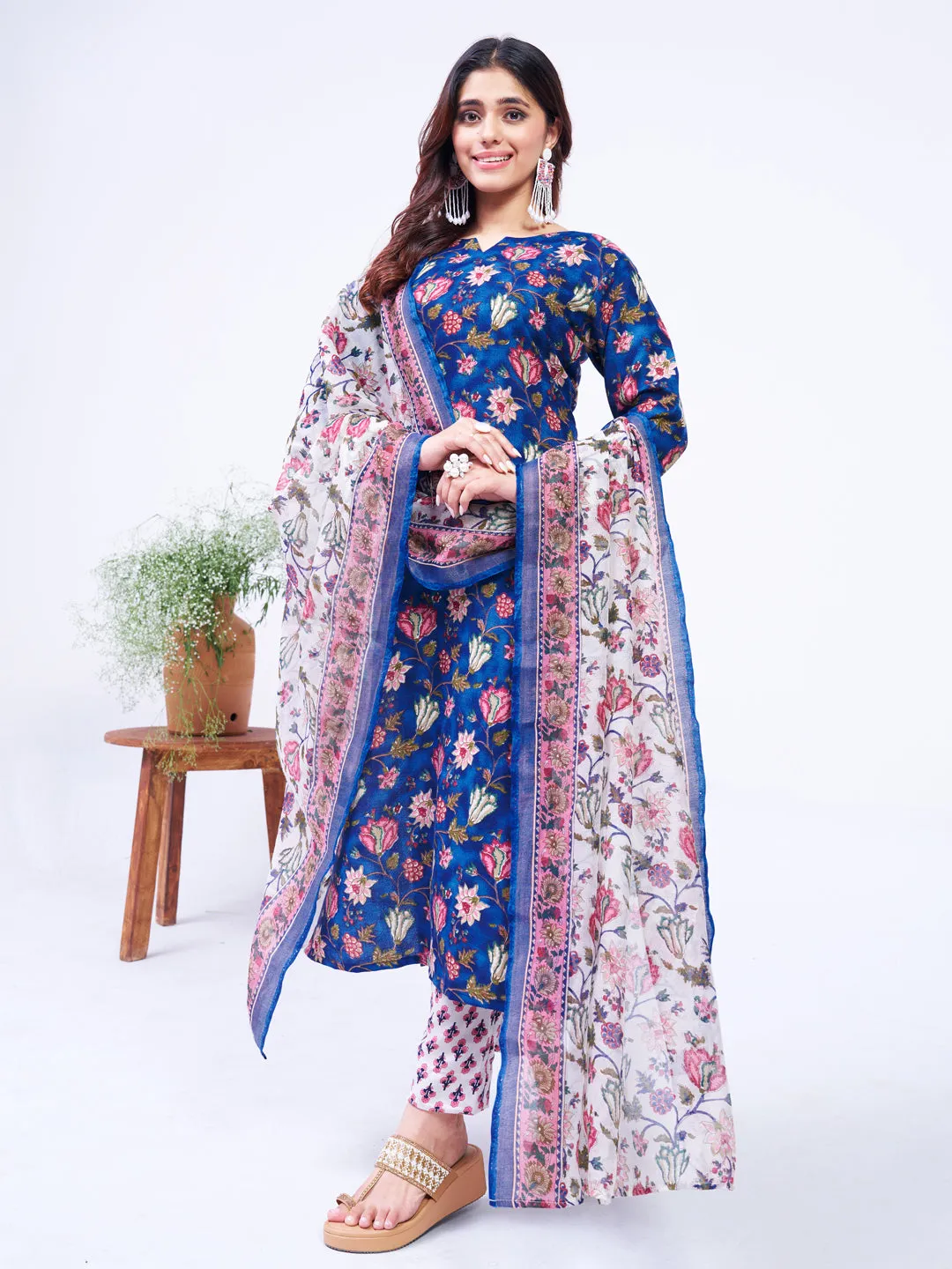 Blue Soft Cotton Blend Print Party Wear Readymade Kurti Set