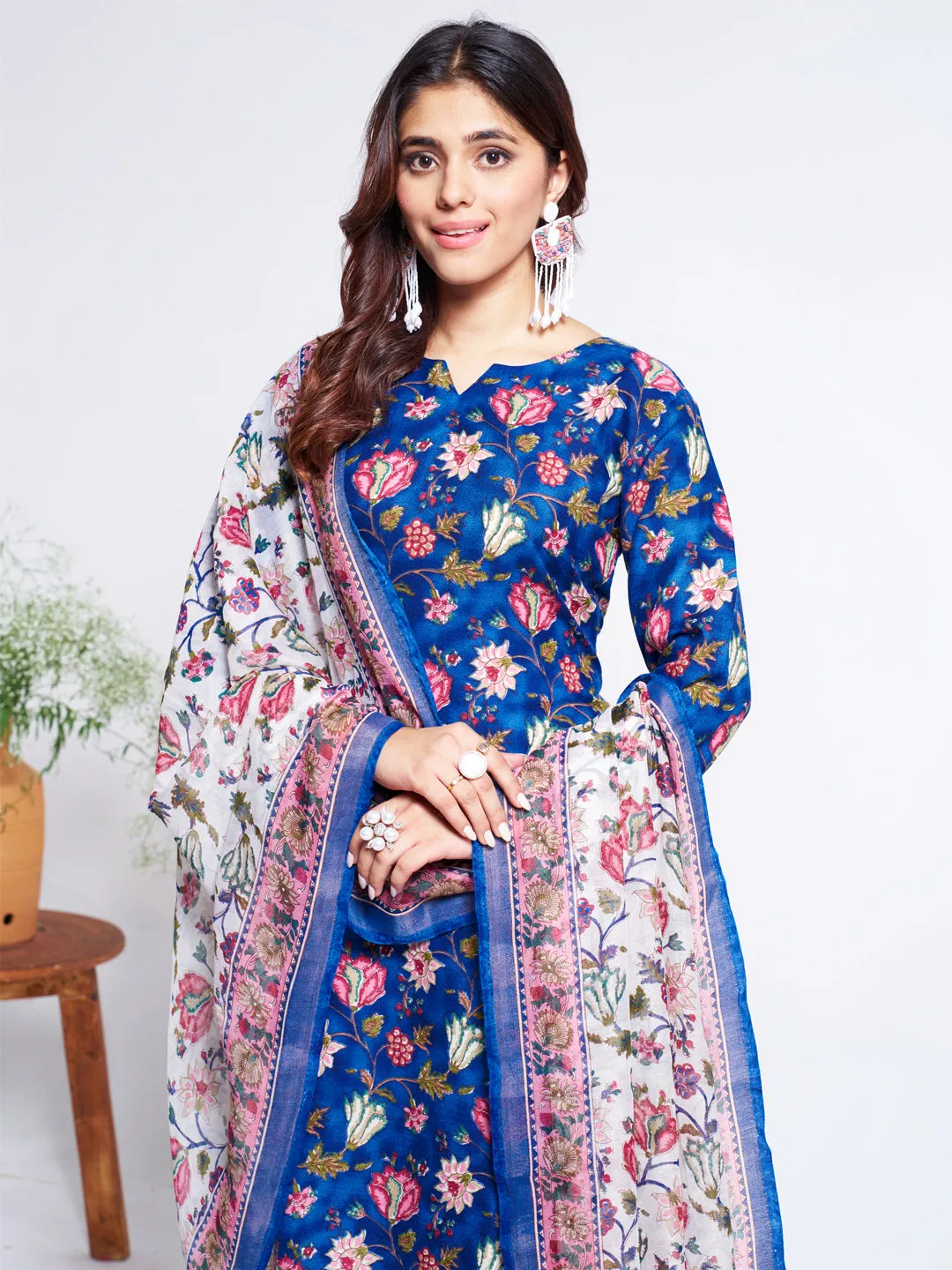 Blue Soft Cotton Blend Print Party Wear Readymade Kurti Set