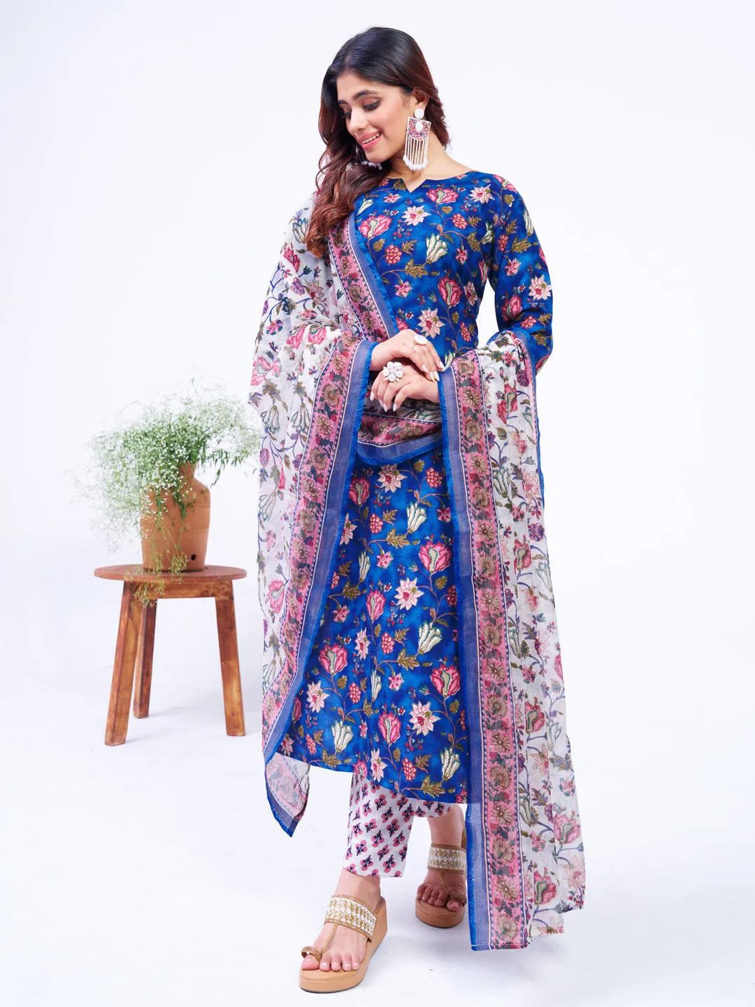 Blue Soft Cotton Blend Print Party Wear Readymade Kurti Set