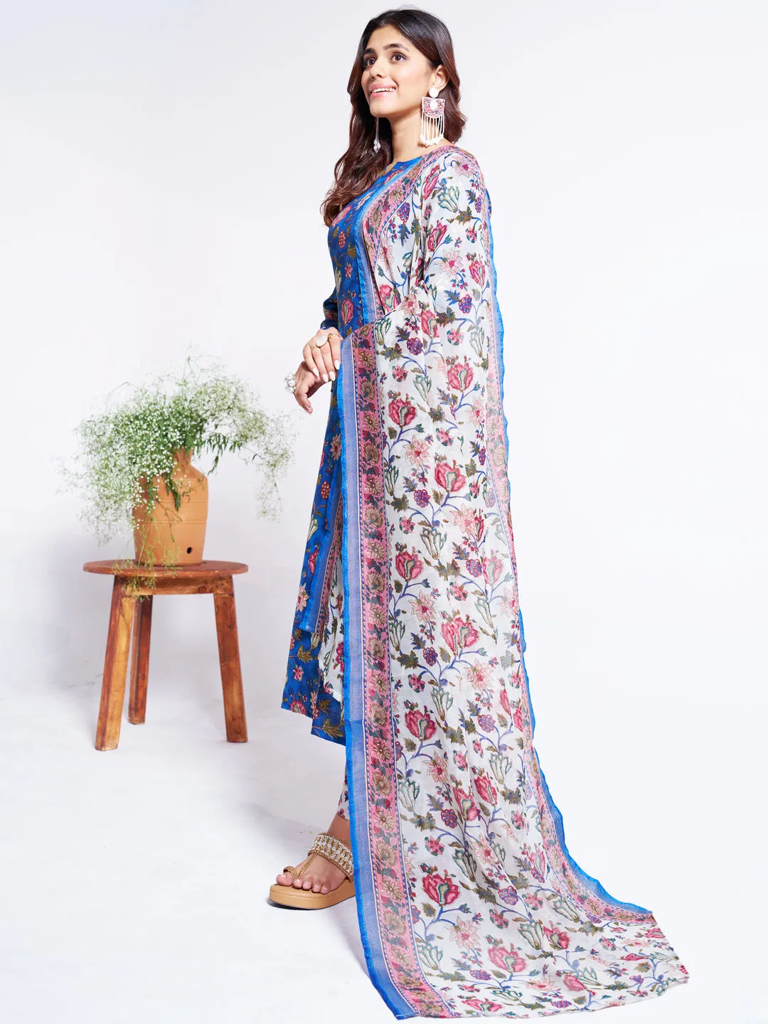 Blue Soft Cotton Blend Print Party Wear Readymade Kurti Set