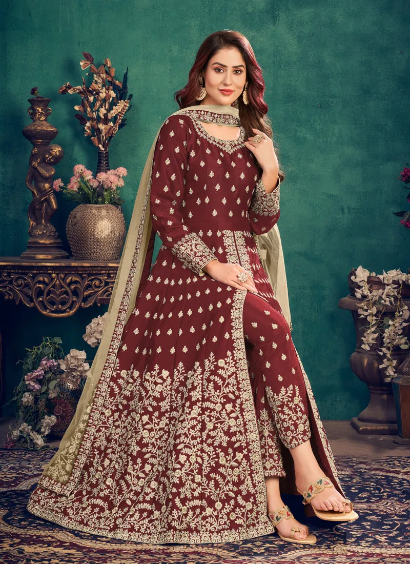 Bridal Red Zari Embroidered Slit Style Anarkali Pant Suit