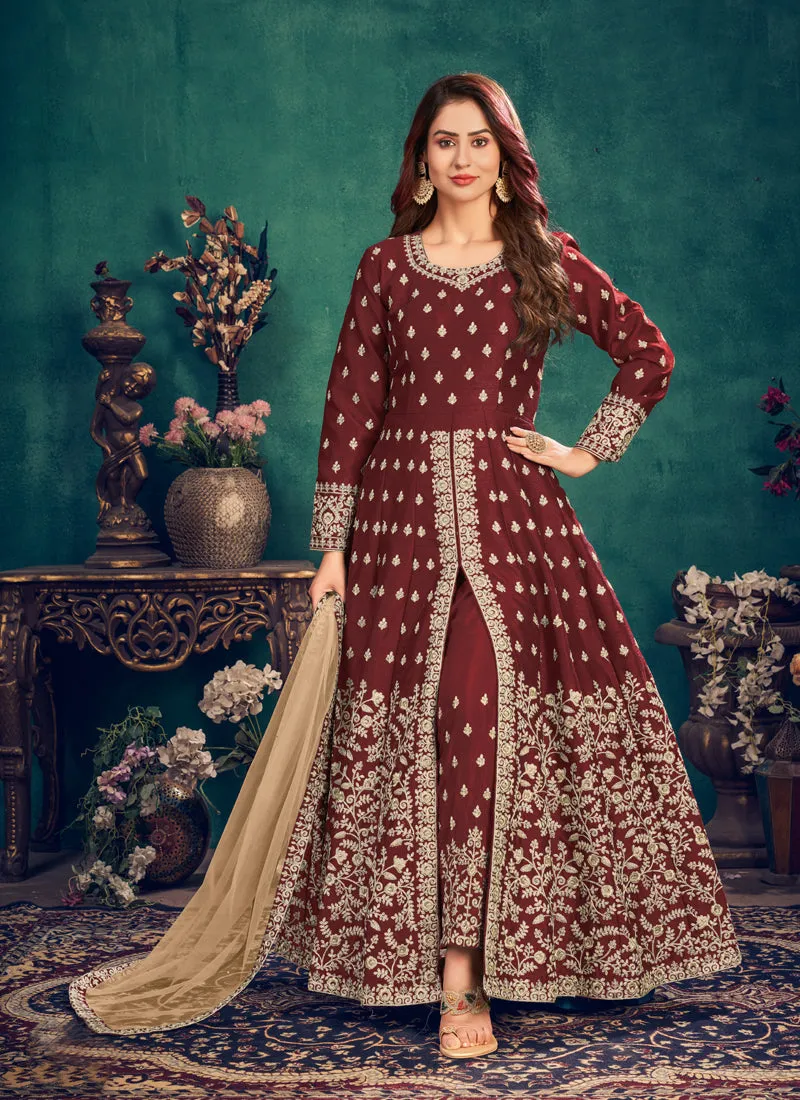 Bridal Red Zari Embroidered Slit Style Anarkali Pant Suit