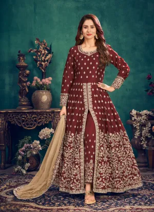 Bridal Red Zari Embroidered Slit Style Anarkali Pant Suit