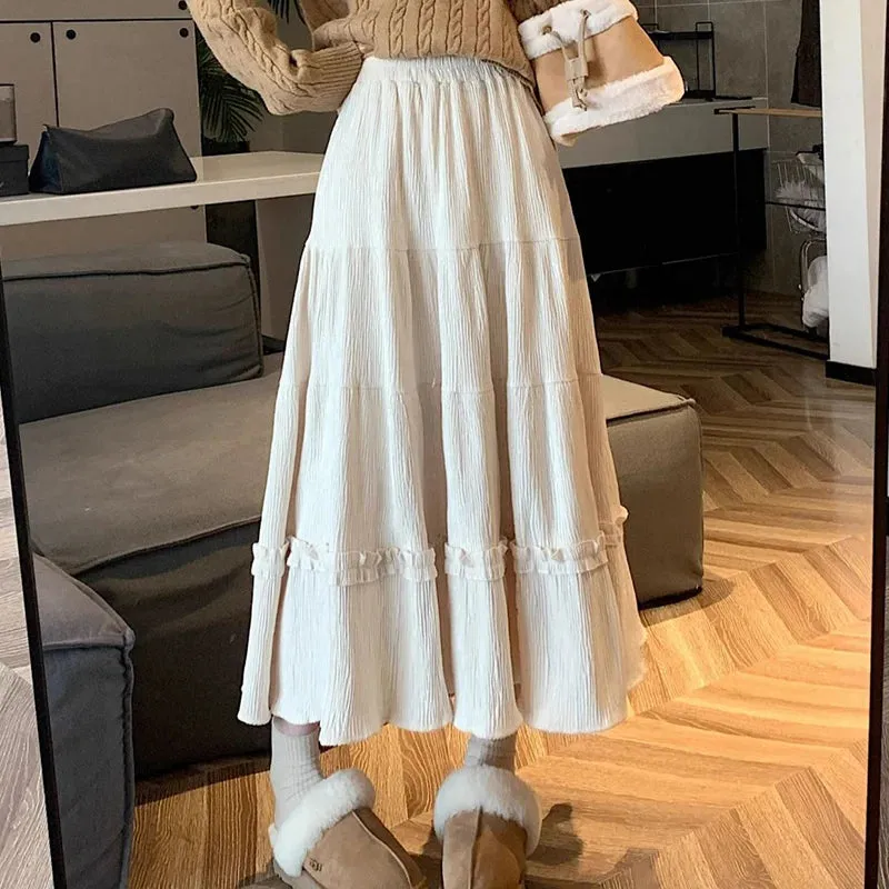Corduroy Pleated Skirt With Ruffles