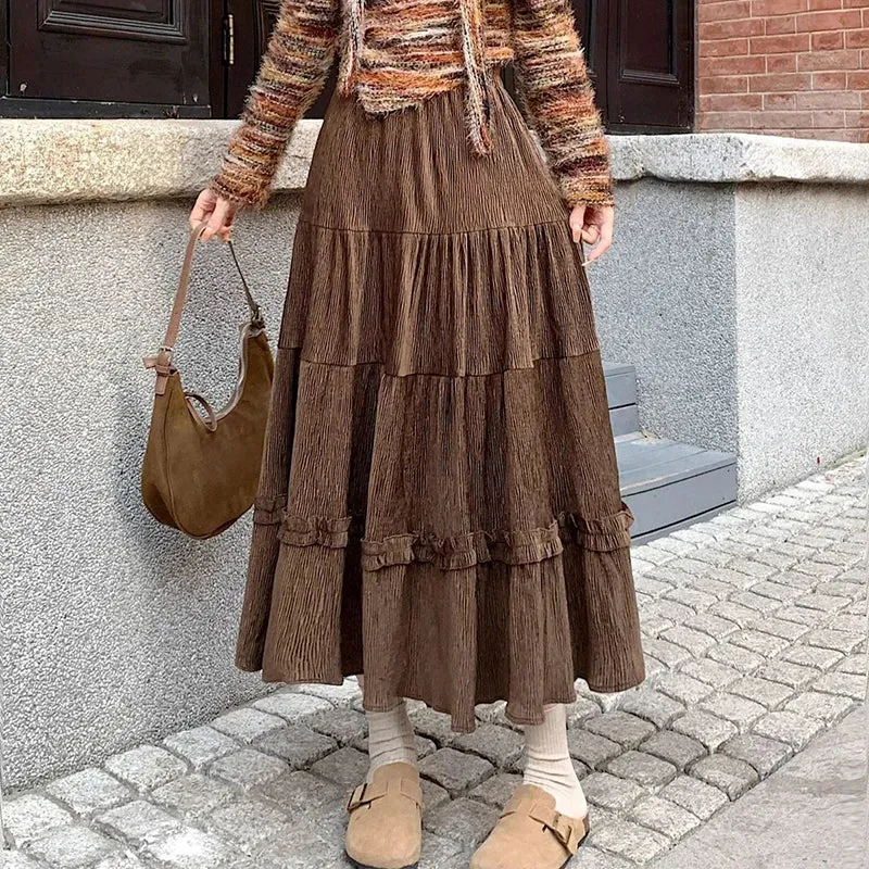 Corduroy Pleated Skirt With Ruffles