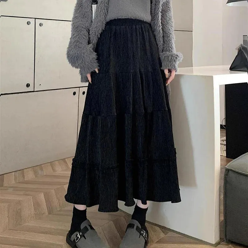 Corduroy Pleated Skirt With Ruffles