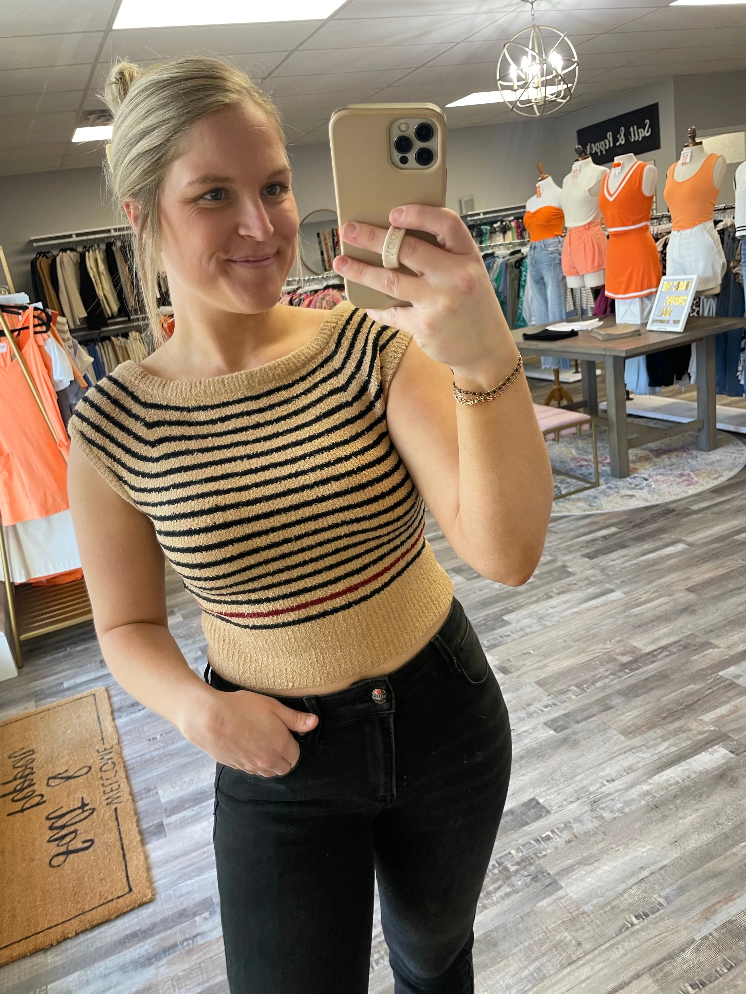 Cropped Striped Cap Sleeve Top - Tan/Black