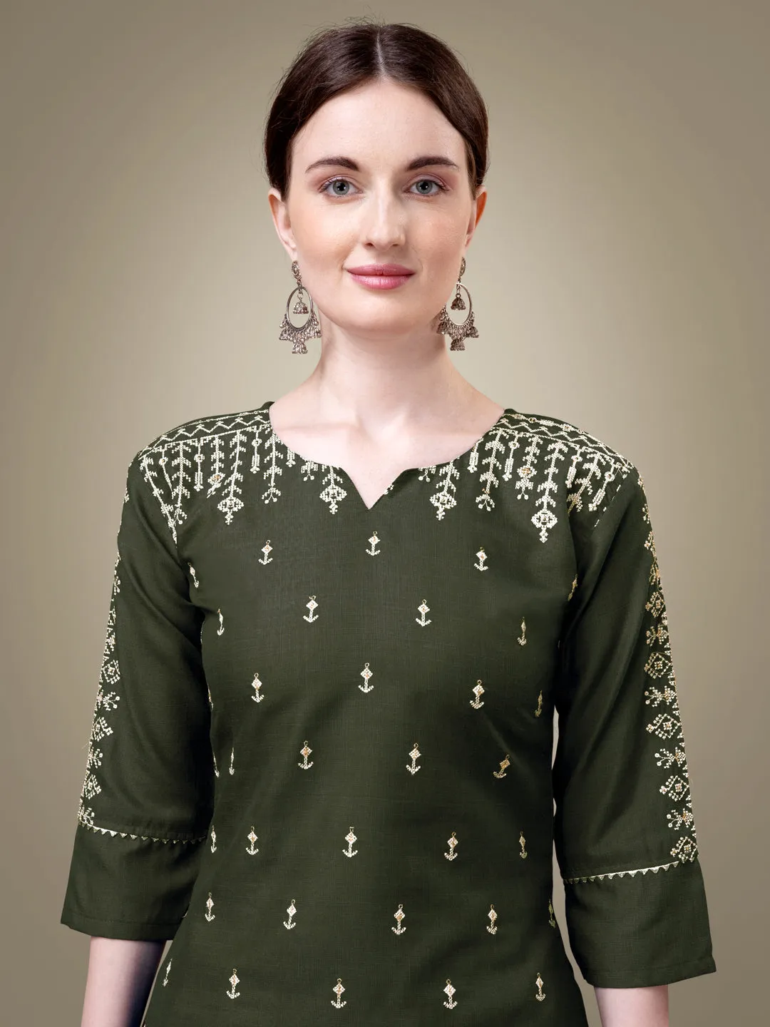 Dark Green Heavy Cotton Blend with Embroidery Work Kurti Set