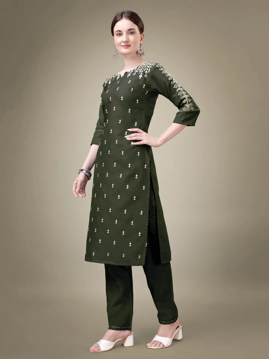 Dark Green Heavy Cotton Blend with Embroidery Work Kurti Set