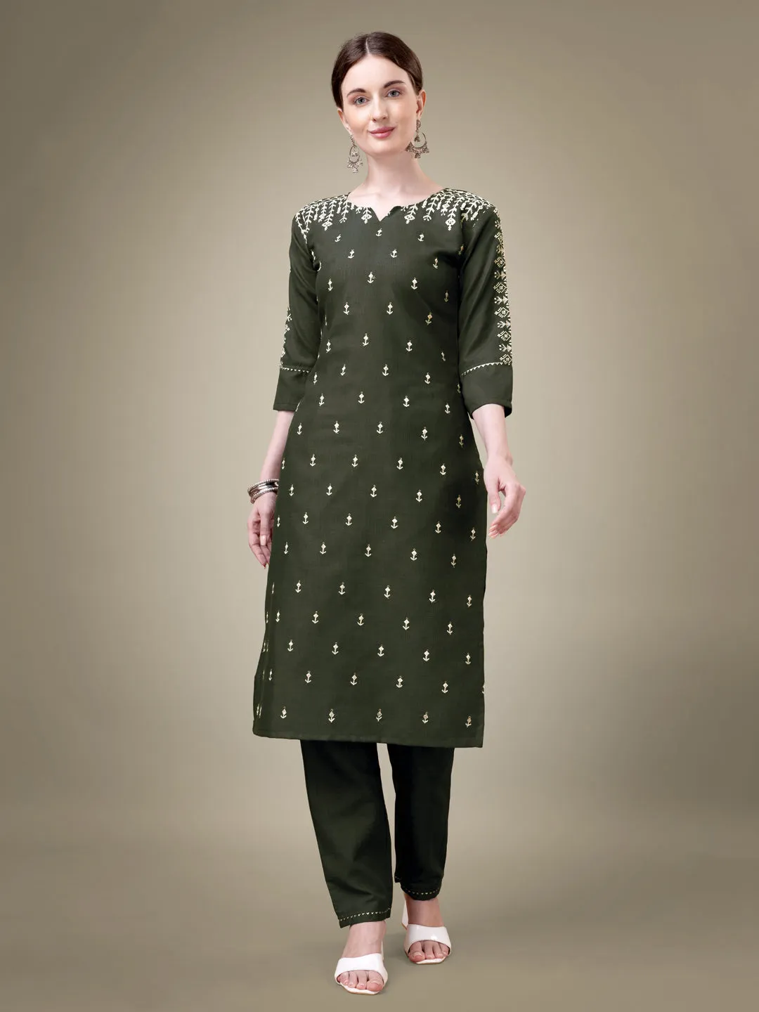 Dark Green Heavy Cotton Blend with Embroidery Work Kurti Set