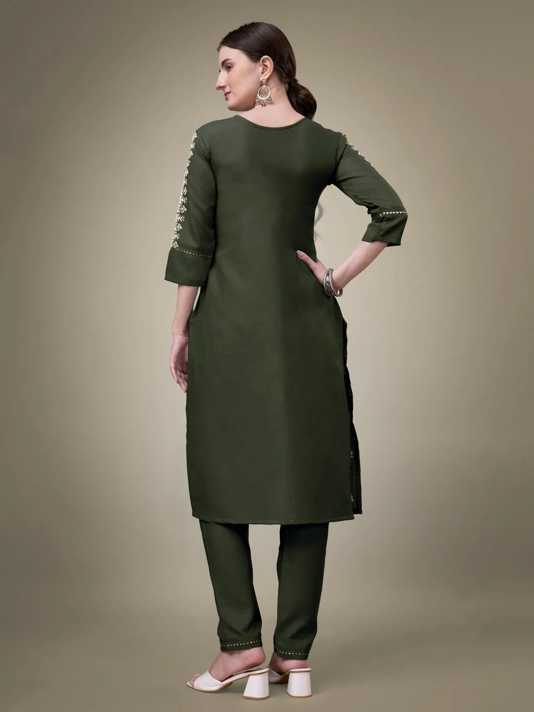 Dark Green Heavy Cotton Blend with Embroidery Work Kurti Set