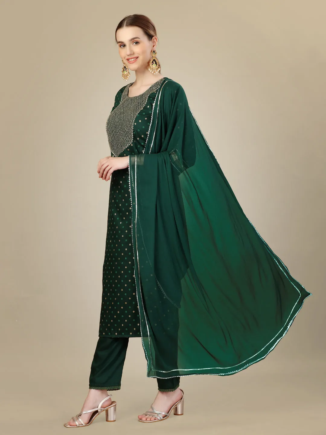 Dark Green Rayon Print with Embroidery & Sequence Work Kurti Set