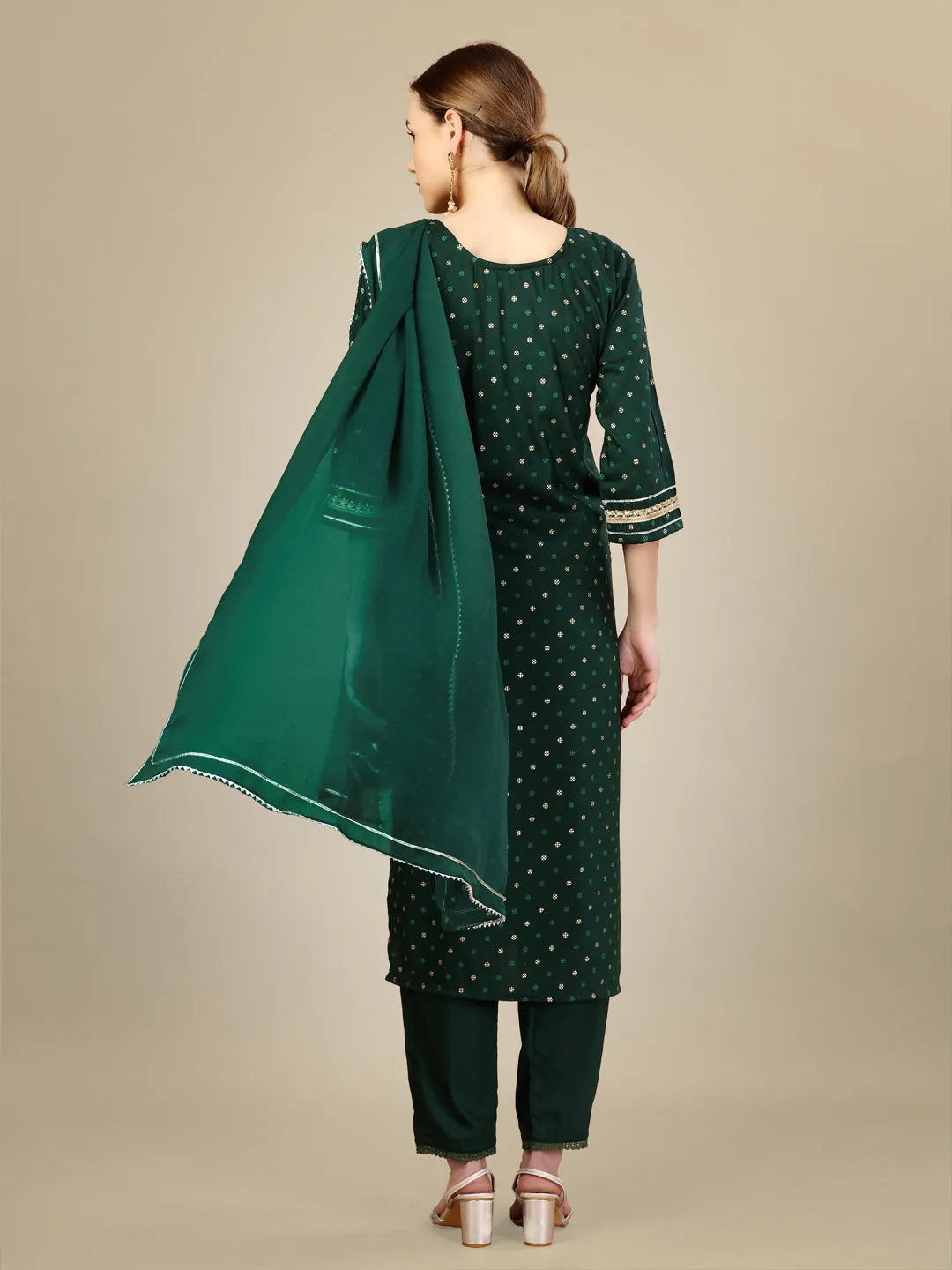 Dark Green Rayon Print with Embroidery & Sequence Work Kurti Set