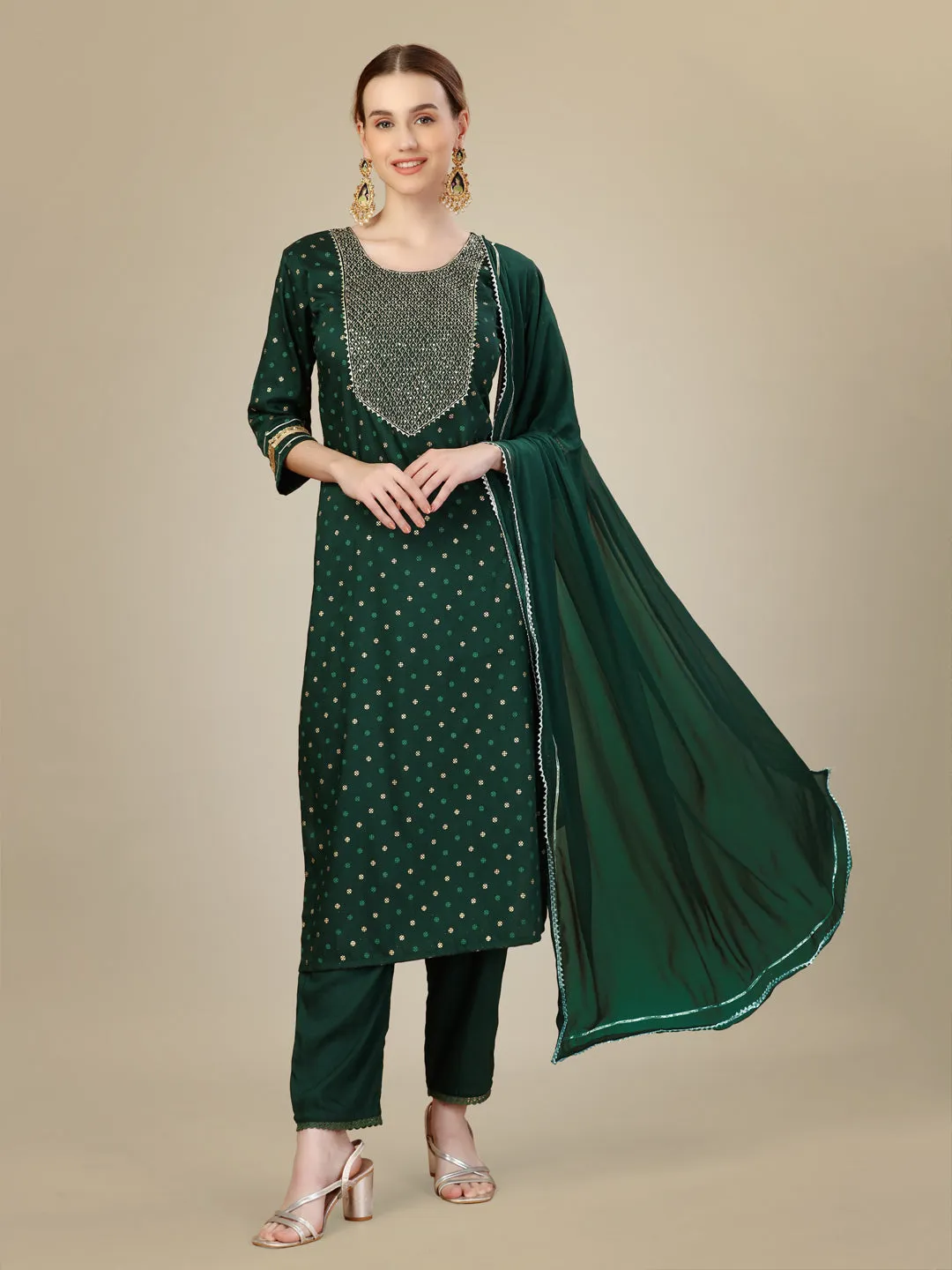 Dark Green Rayon Print with Embroidery & Sequence Work Kurti Set