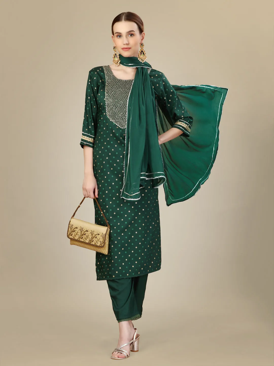 Dark Green Rayon Print with Embroidery & Sequence Work Kurti Set