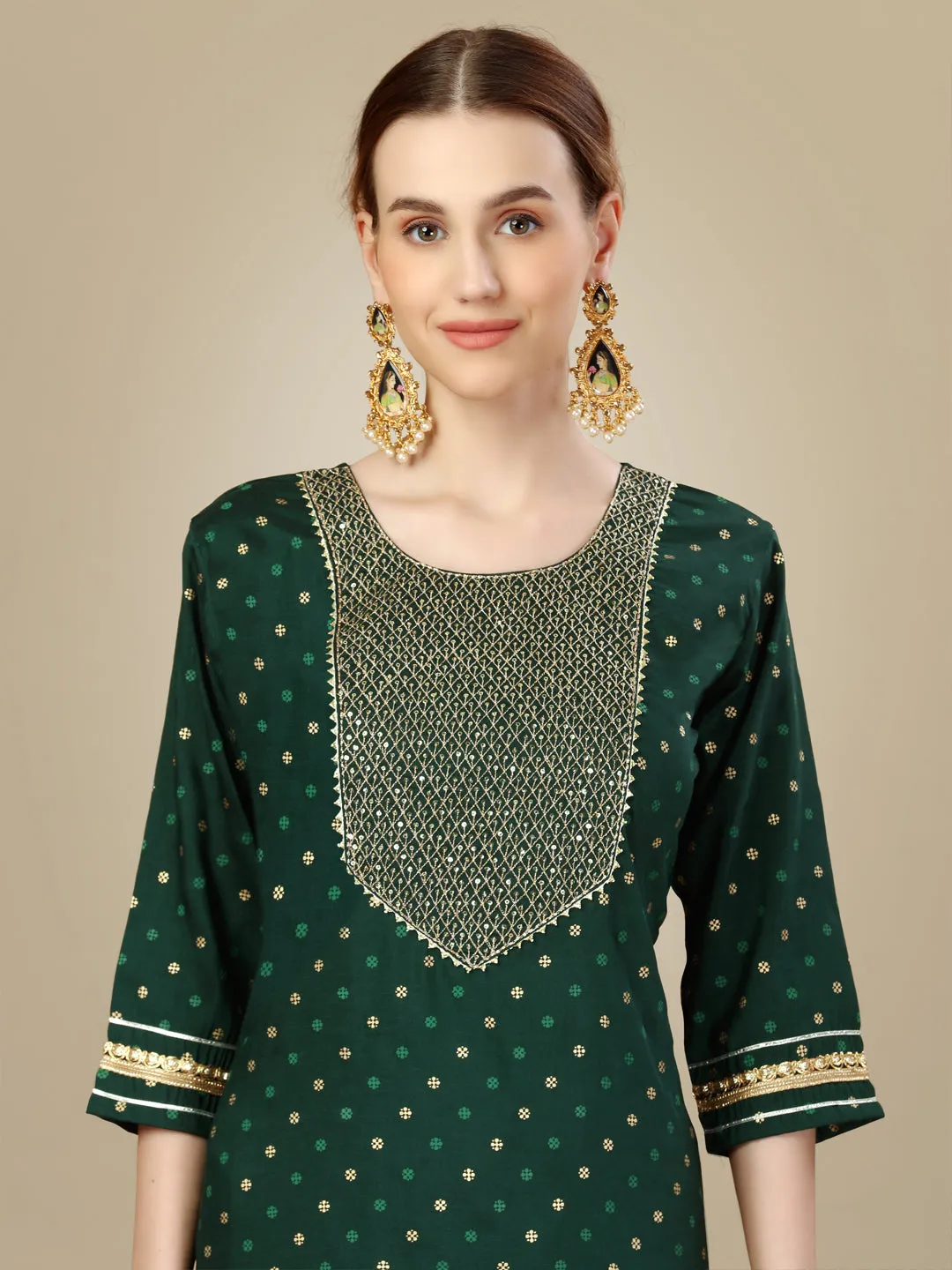 Dark Green Rayon Print with Embroidery & Sequence Work Kurti Set