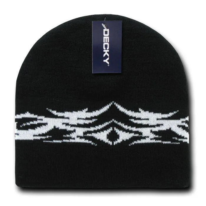 Decky Tribal Design Beanies Caps Hats Knitted Ski Skull Winter Black Charcoal