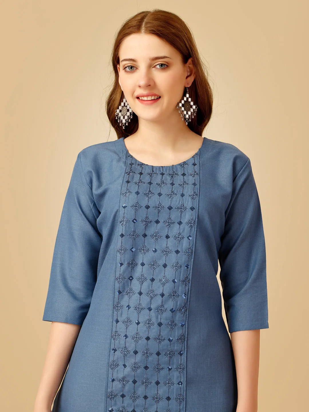 Denim Blue Heavy Rayon Cotton with Embroidery Work Kurti Set