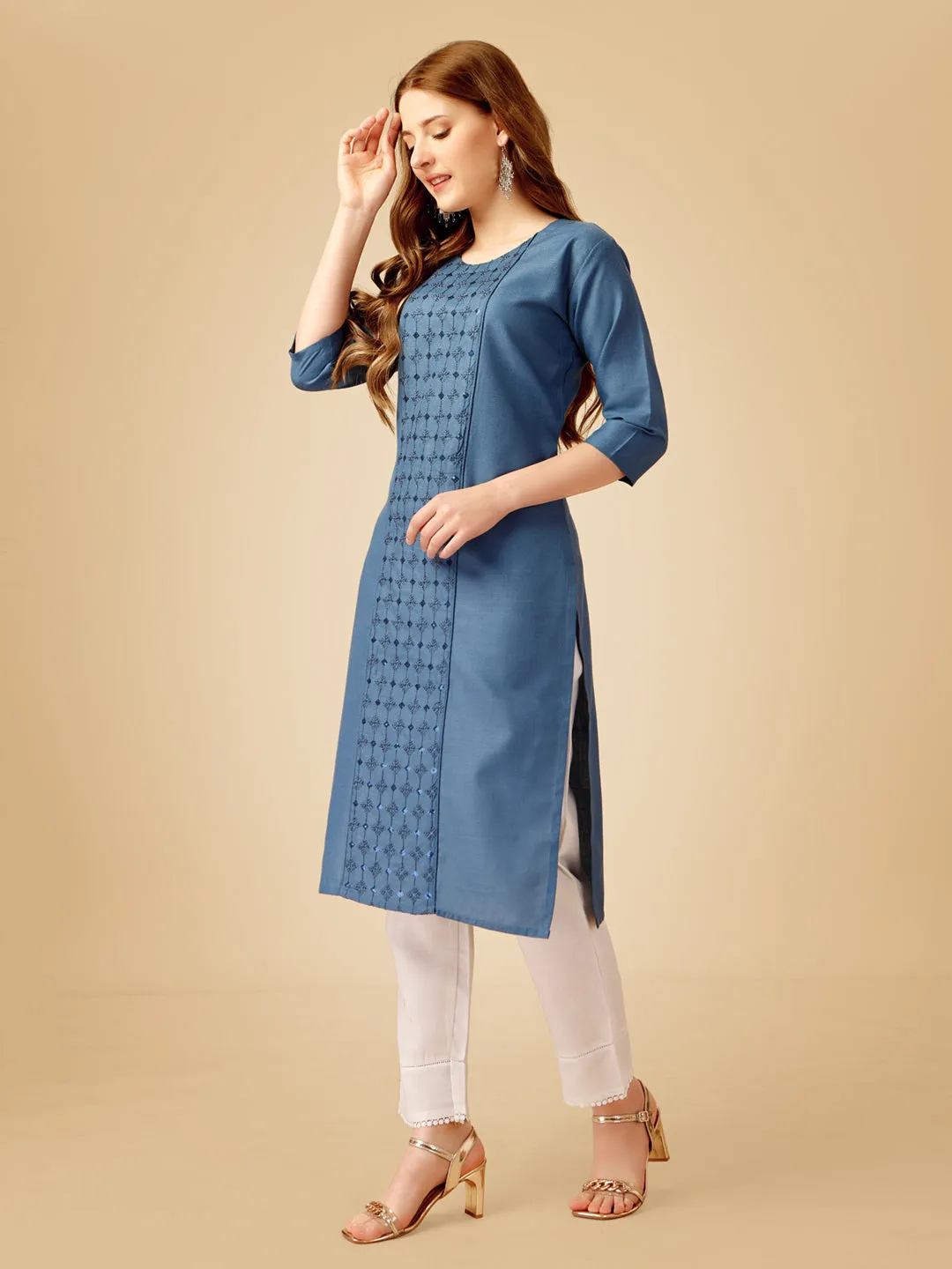 Denim Blue Heavy Rayon Cotton with Embroidery Work Kurti Set