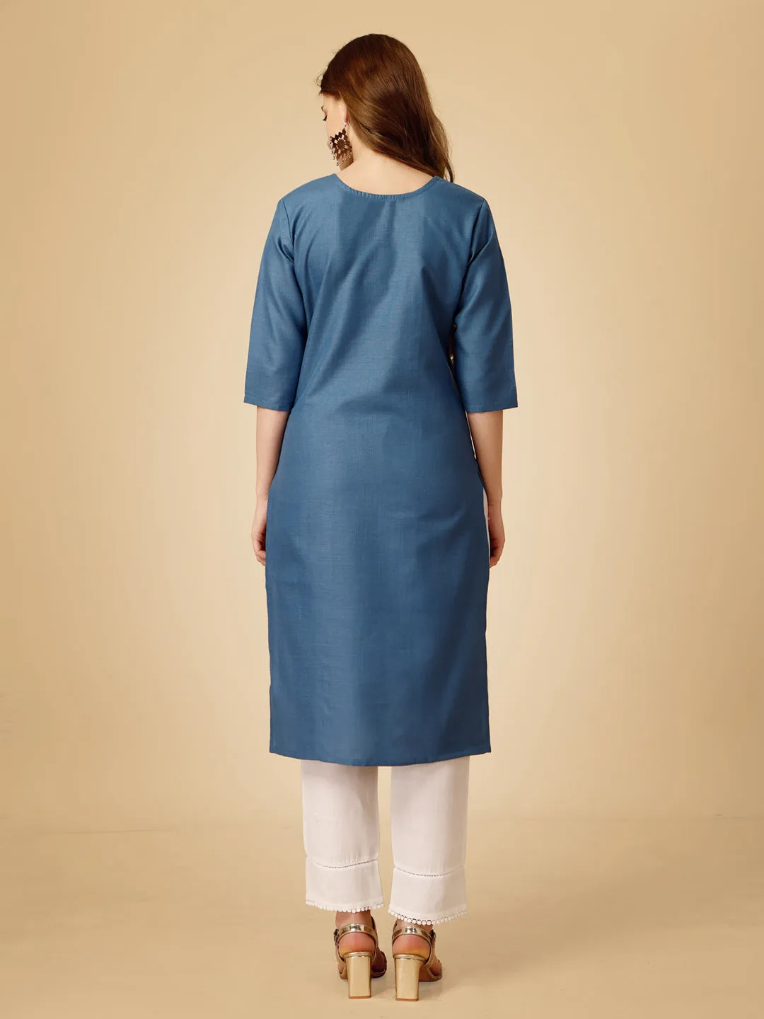 Denim Blue Heavy Rayon Cotton with Embroidery Work Kurti Set