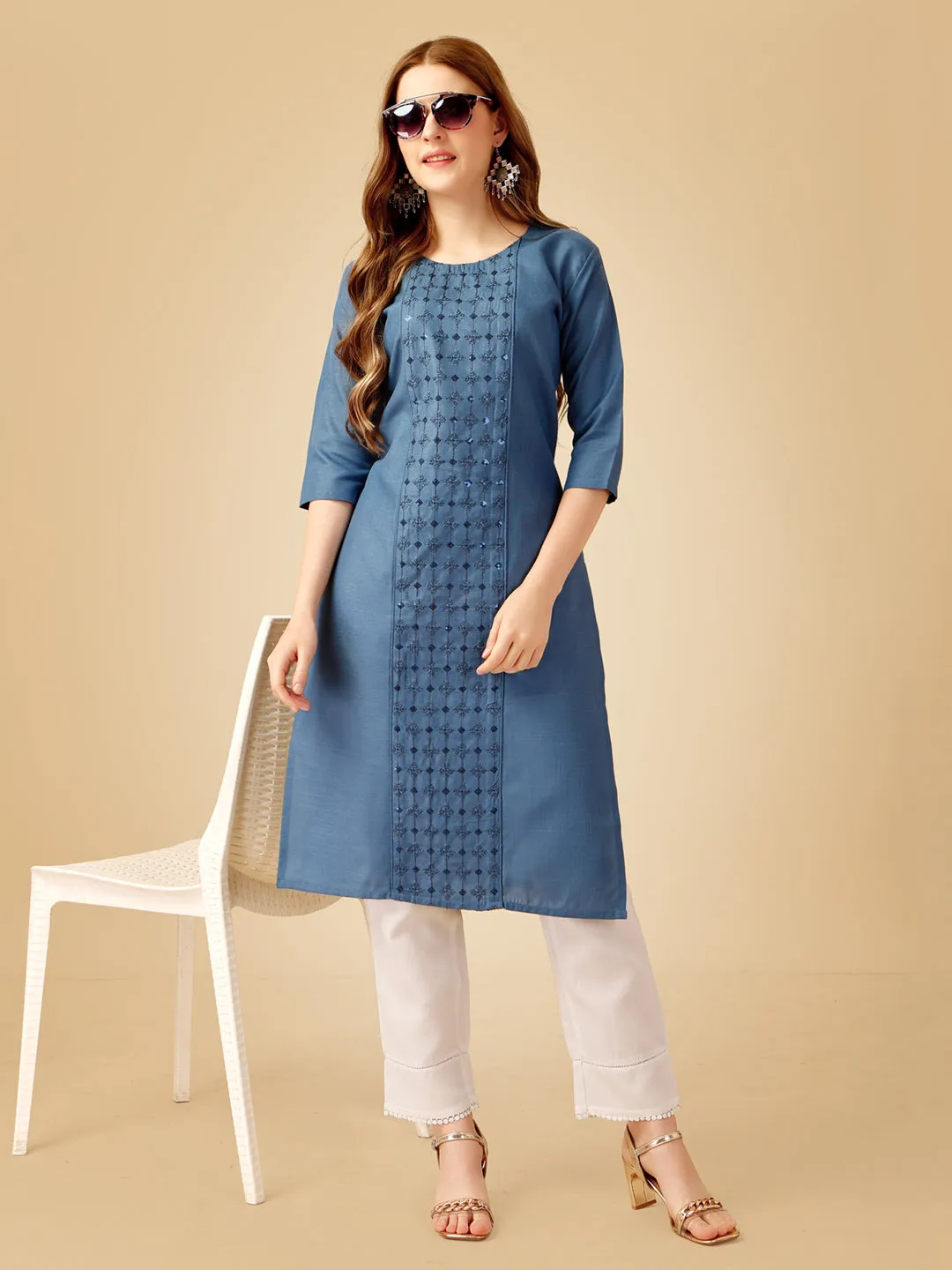 Denim Blue Heavy Rayon Cotton with Embroidery Work Kurti Set