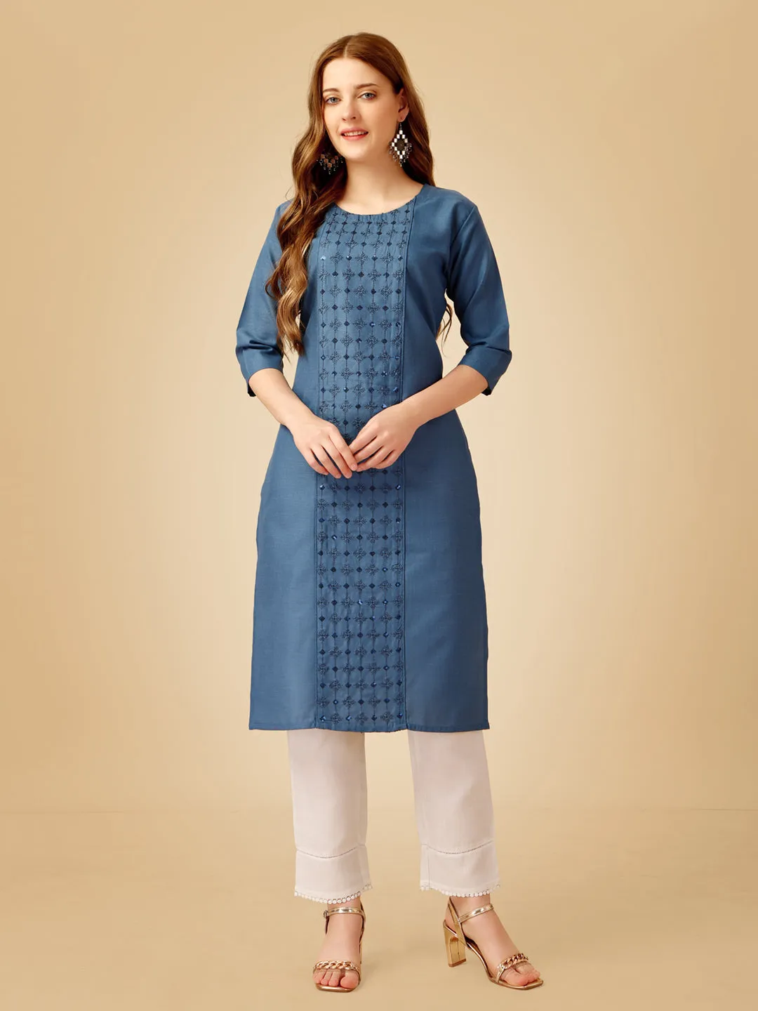 Denim Blue Heavy Rayon Cotton with Embroidery Work Kurti Set