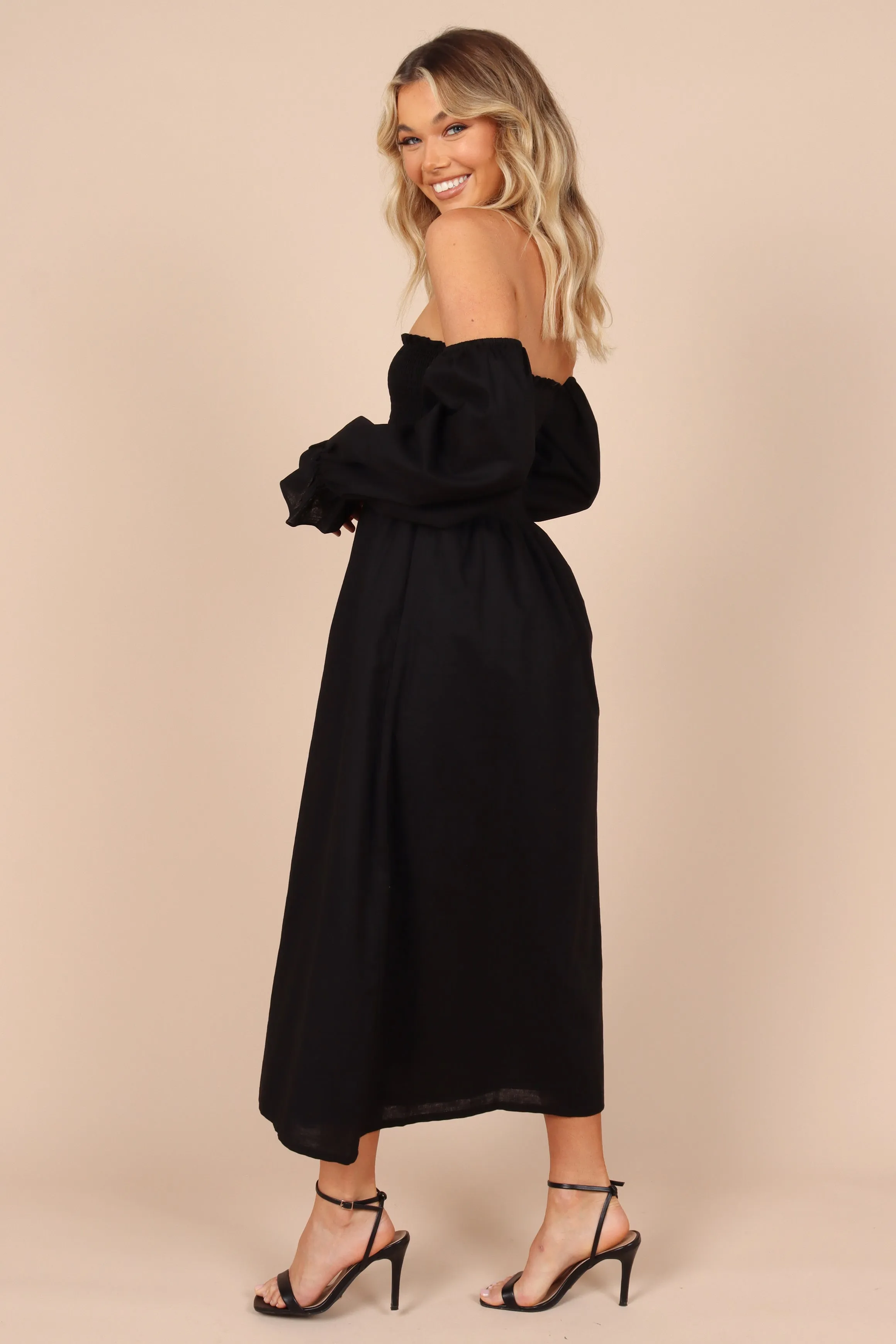 Domenica Shirred Long Sleeve Midi Dress - Black