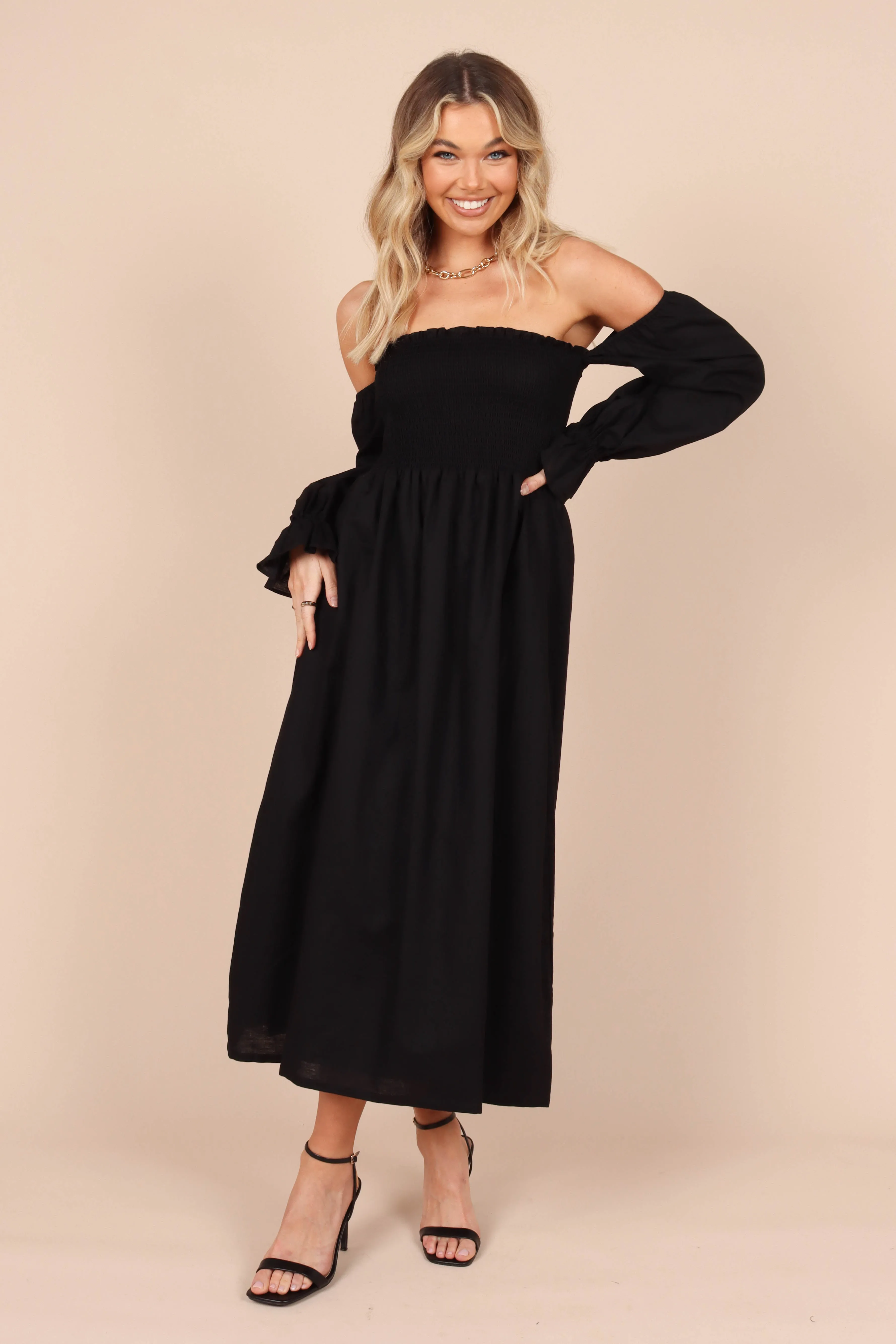 Domenica Shirred Long Sleeve Midi Dress - Black