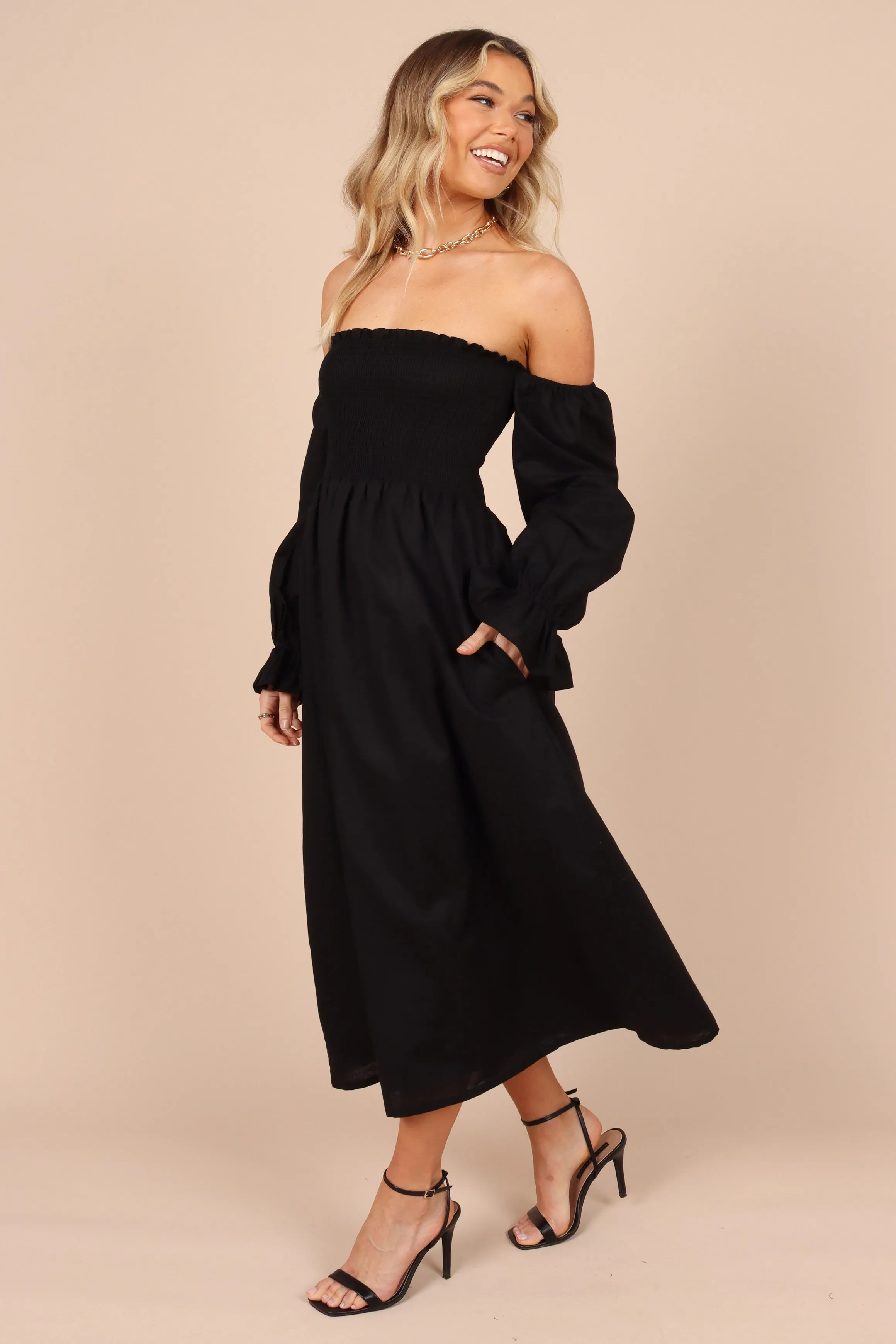 Domenica Shirred Long Sleeve Midi Dress - Black