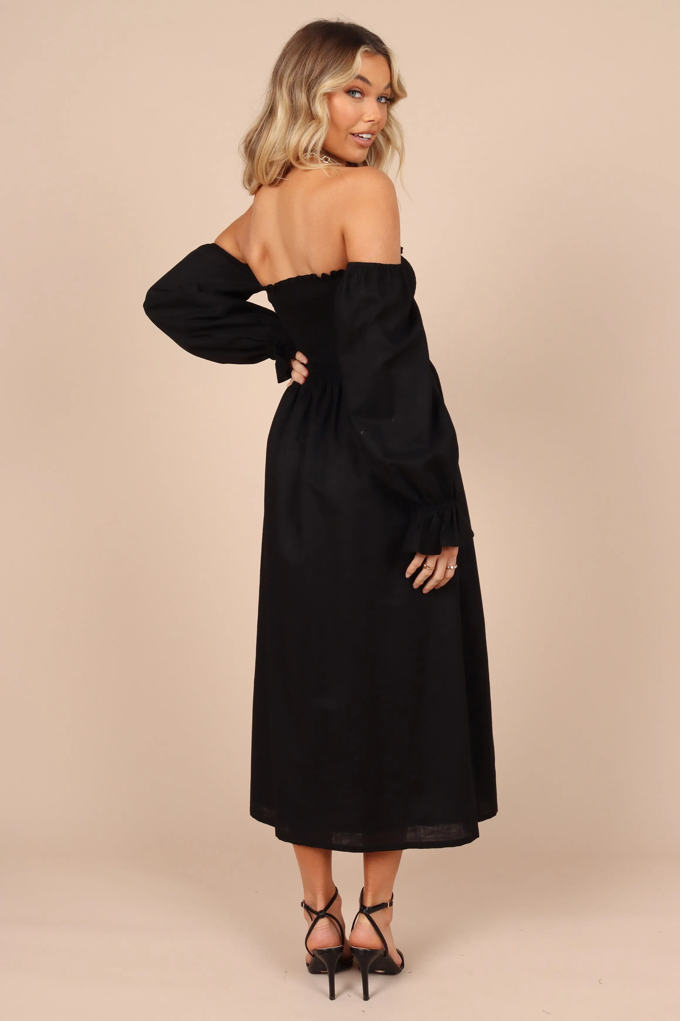 Domenica Shirred Long Sleeve Midi Dress - Black