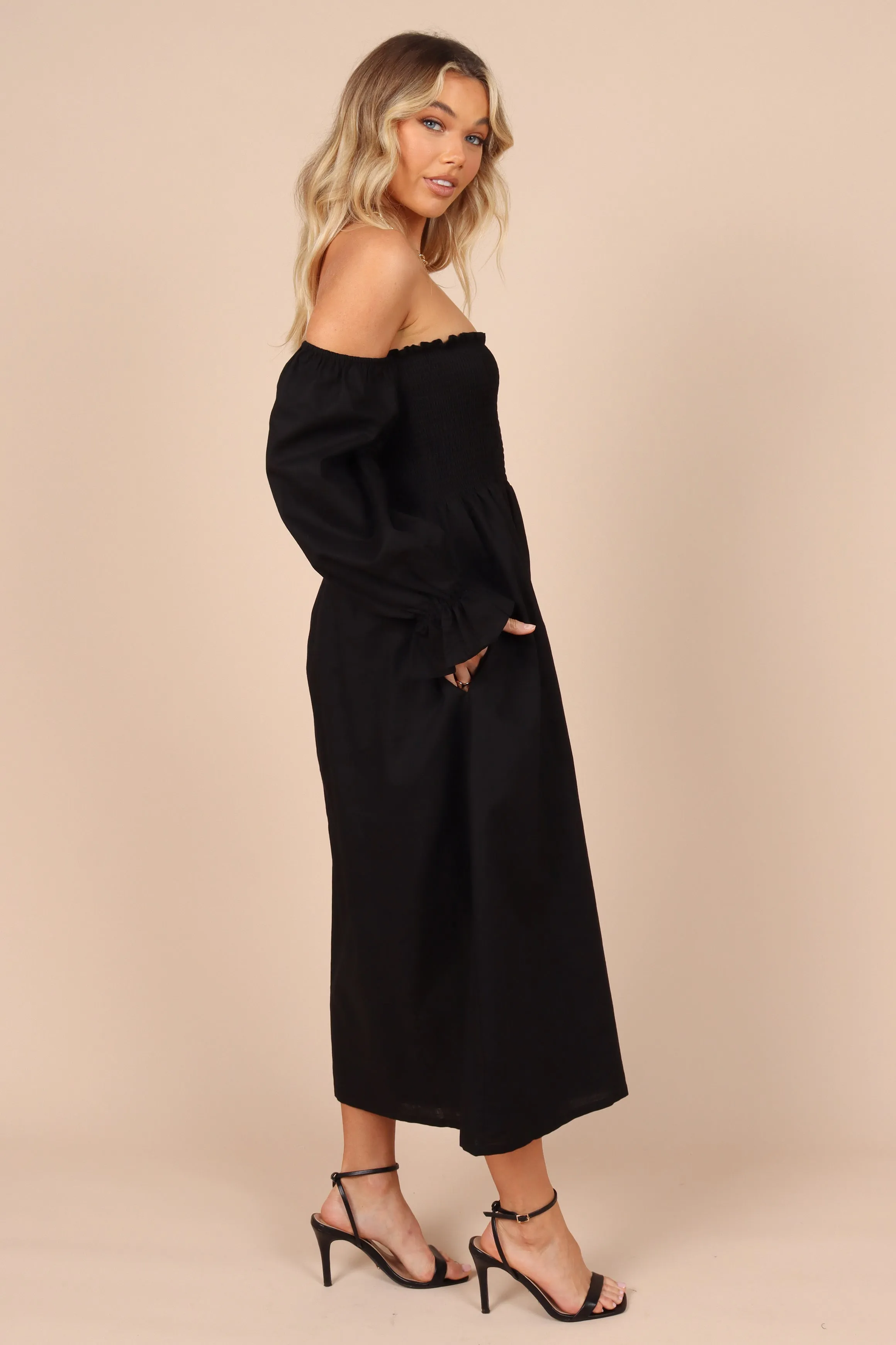 Domenica Shirred Long Sleeve Midi Dress - Black
