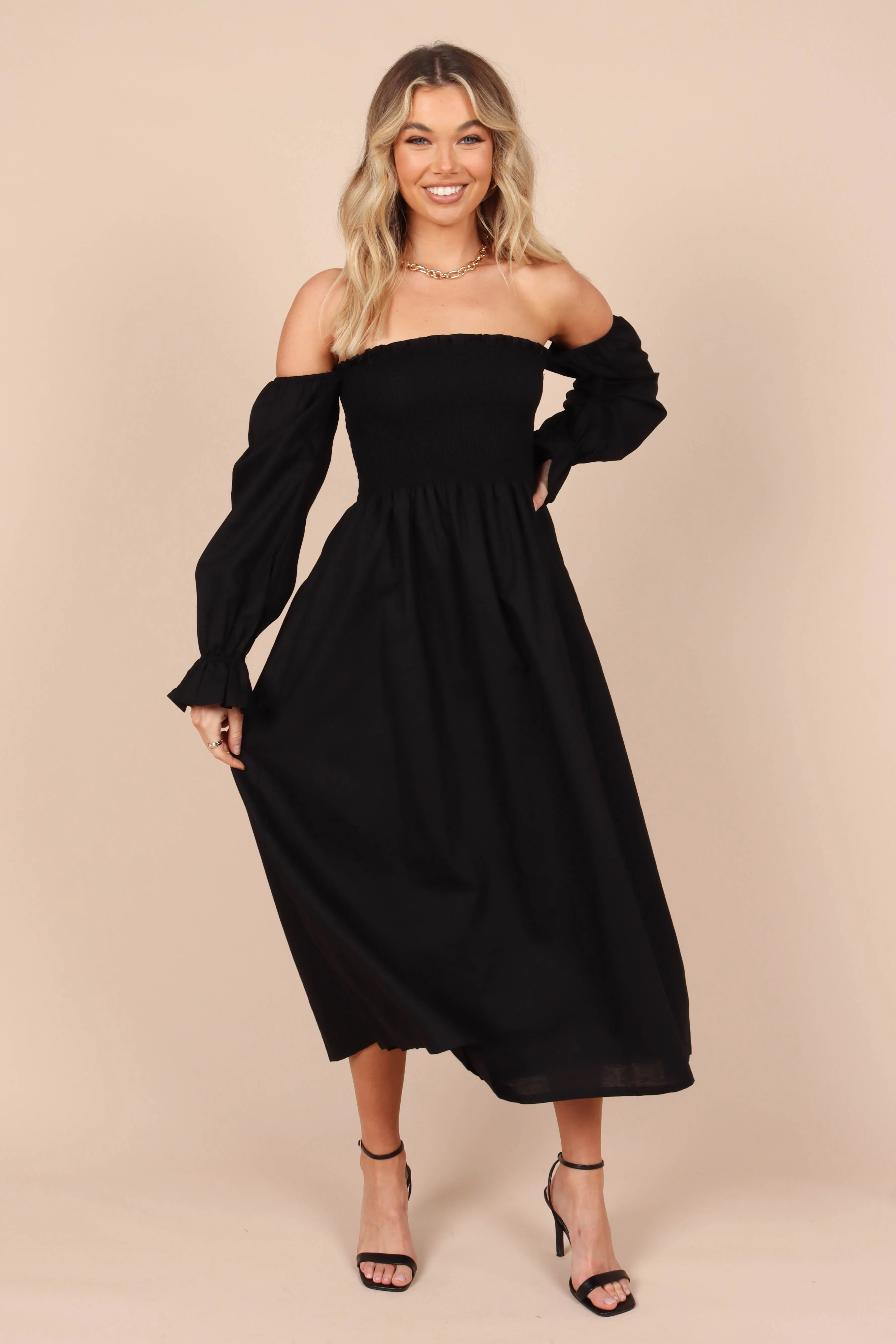 Domenica Shirred Long Sleeve Midi Dress - Black
