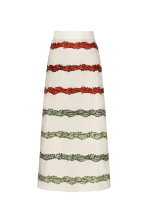 El Carmen Embroidered Cotton Midi Skirt / Ivory Striped Helechos