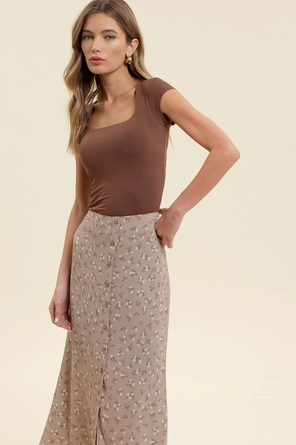 FLORAL BUTTON FRONT SPLIT HEM MIDI SKIRT