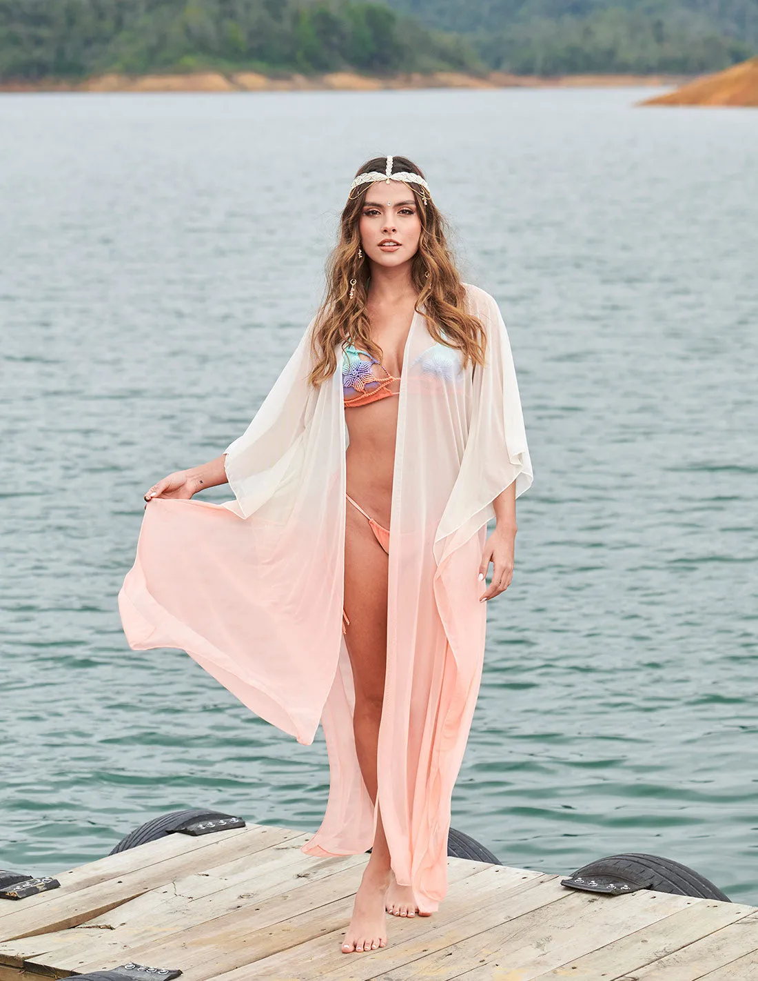 Fly Kimono Ivory   Salmon Flower