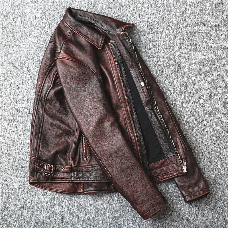 Fortime Men's Genuine Cowhide Distressed Leather Jacket