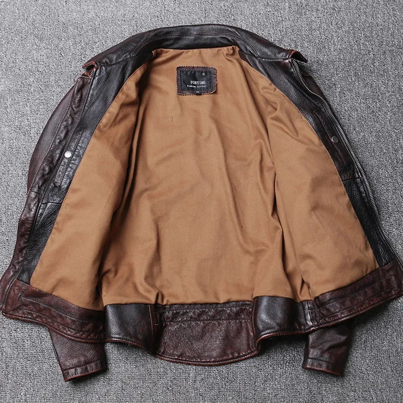 Fortime Men's Genuine Cowhide Distressed Leather Jacket
