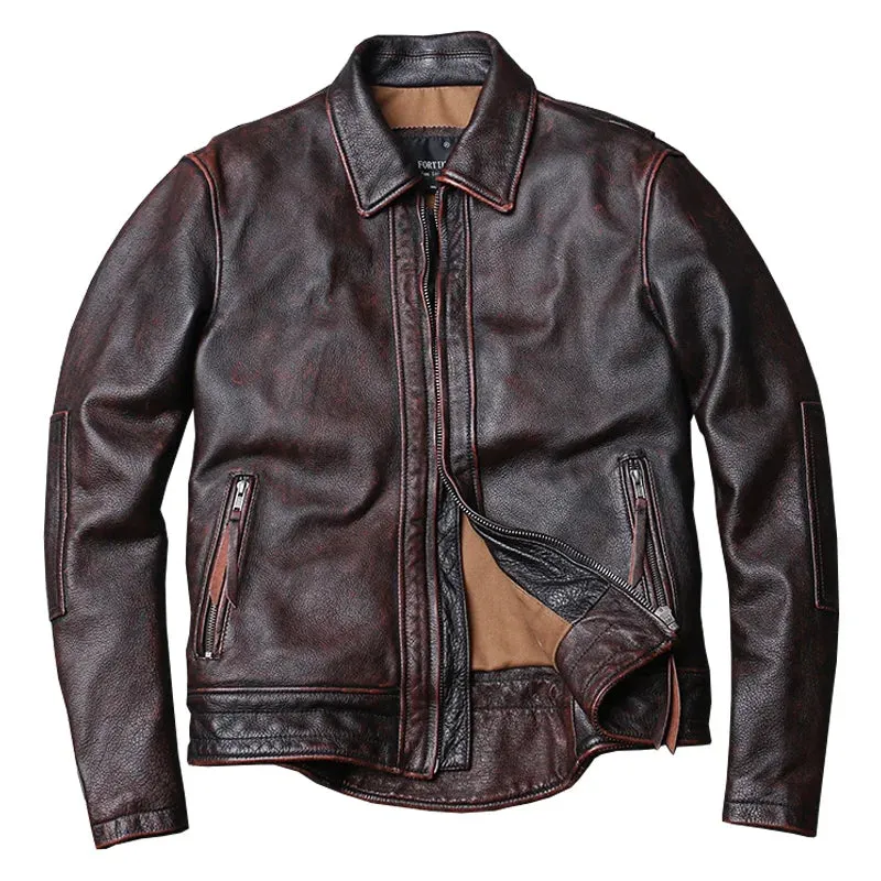 Fortime Men's Genuine Cowhide Distressed Leather Jacket