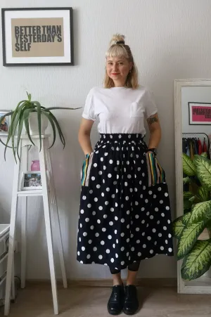 Fun, Comfy and Versatile Special Design Wide Midi Skirt in Dark Blue Polka Dot Print with Contrasting Striped Pockets in One Size Fits All Wide Cotton Skirt - A Minimalist Dream