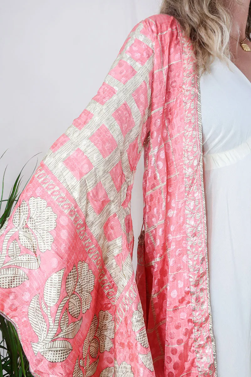 Gemini Kimono - Sherbet Pink & Flower Trim - Vintage Indian Sari - Size M/L