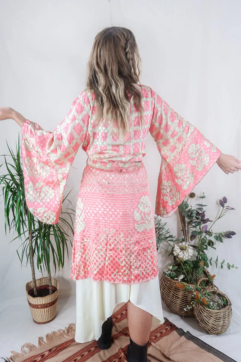 Gemini Kimono - Sherbet Pink & Flower Trim - Vintage Indian Sari - Size M/L