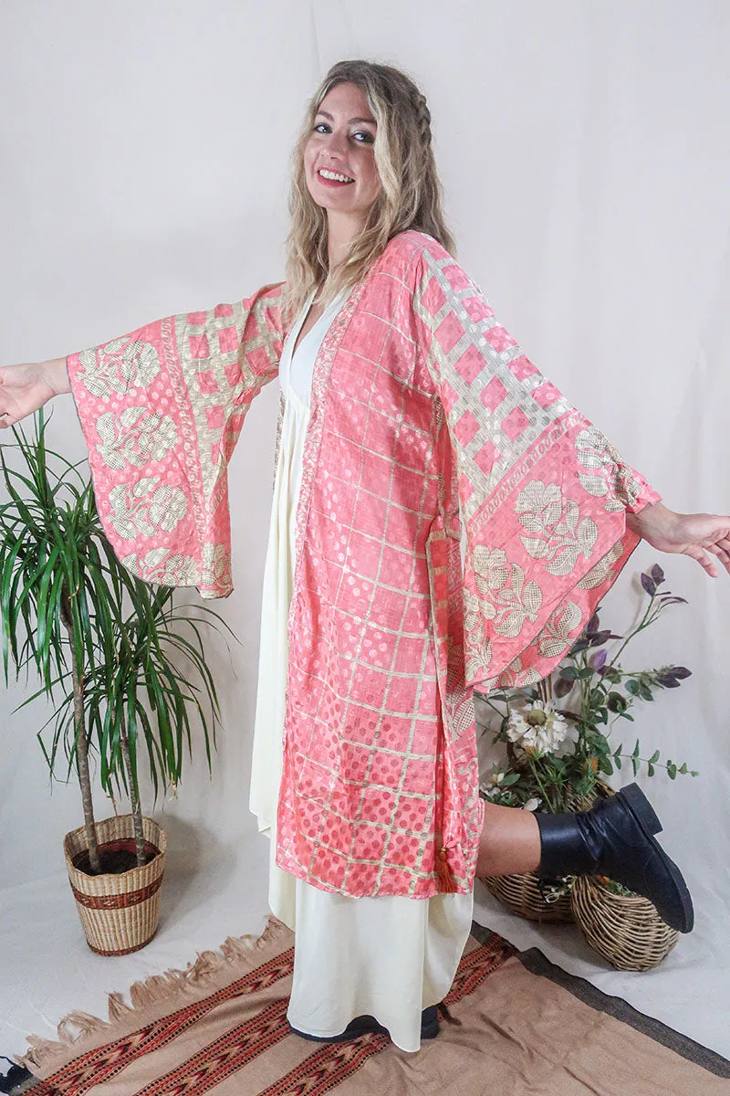 Gemini Kimono - Sherbet Pink & Flower Trim - Vintage Indian Sari - Size M/L