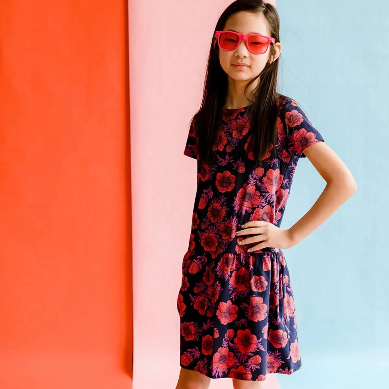 Girls Organic Cotton Short Sleeve Drop Waist Dress-Navy Poppy
