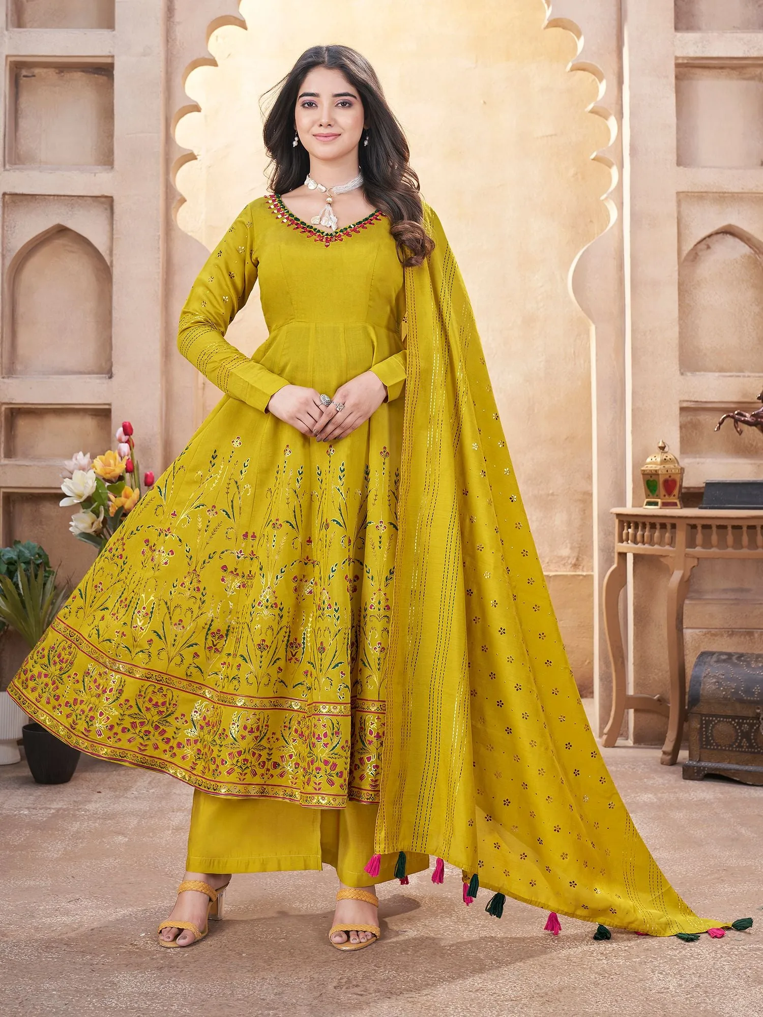 Green And Mustard Silk Readymade Salwar Suit With Foil Print, Mirror And Thread Work Anarkali Salwar Suit